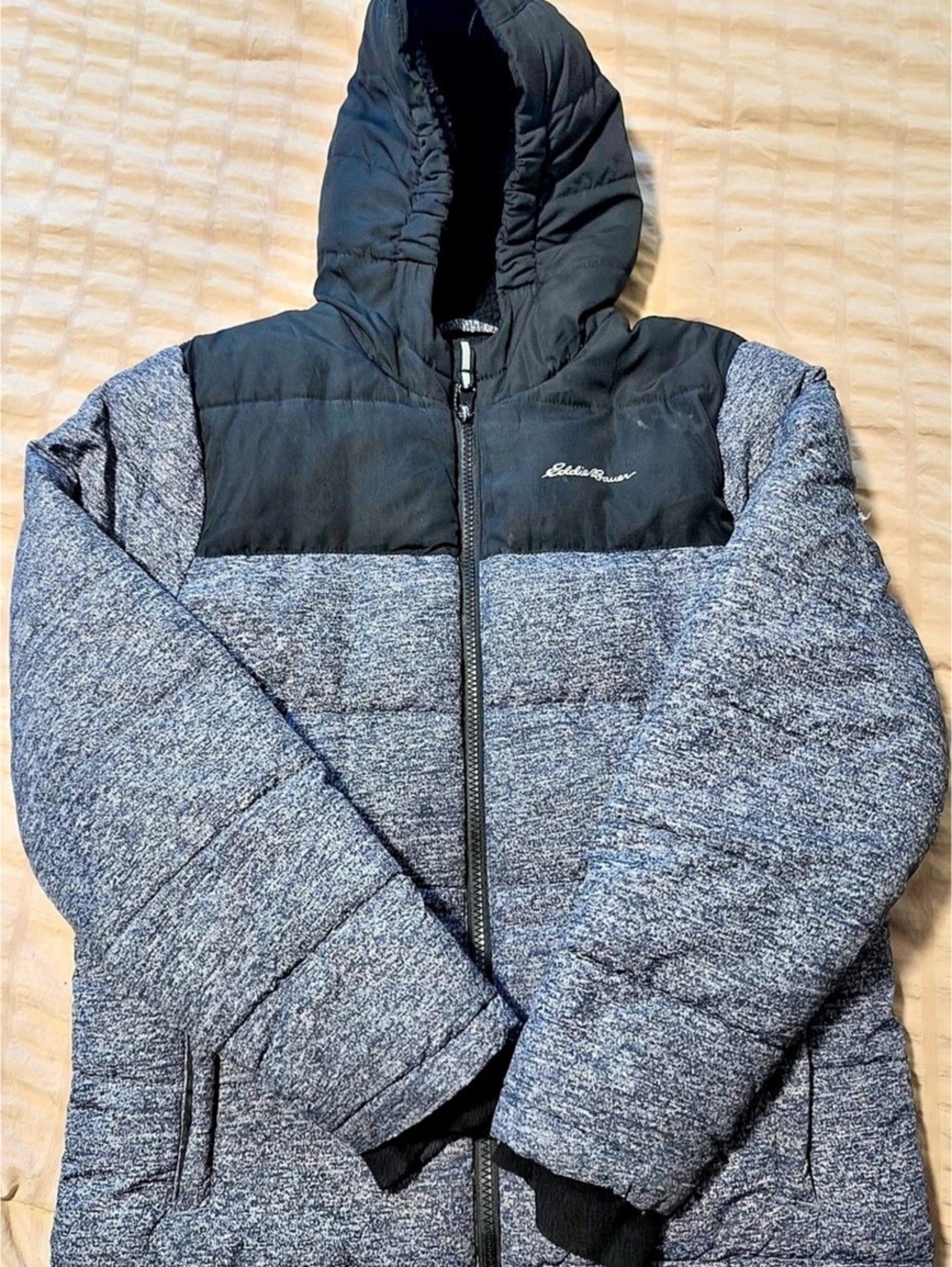 Eddie Bauer Boys Color-Block Hooded Puffer Jacket Black & Gray
